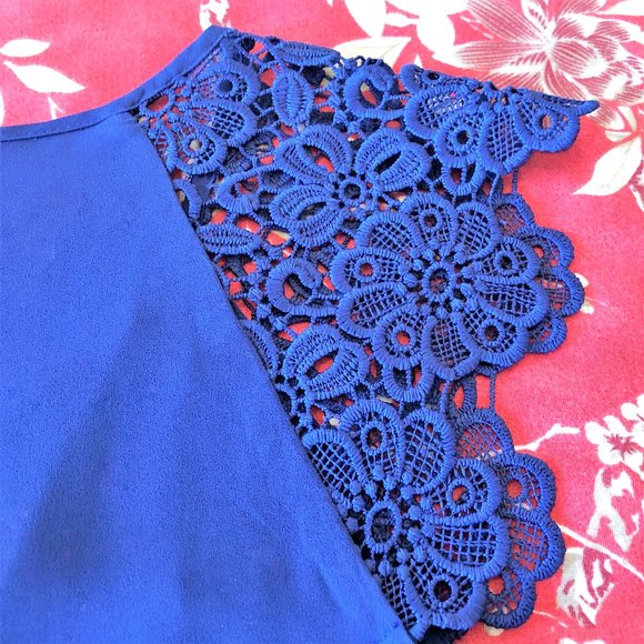 Vibrant Blue Crocheted Sleeves Tie Neck Blouse XS - Picture 10 of 15